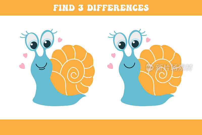 找出两个卡通蜗牛的3个不同点。儿童逻辑游戏，益智益智