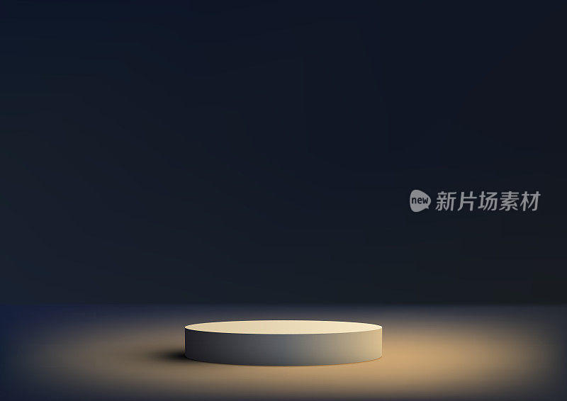 3D现实现代豪华风格的白色讲台平台上最小的墙场景深蓝色背景灯光从聚光灯