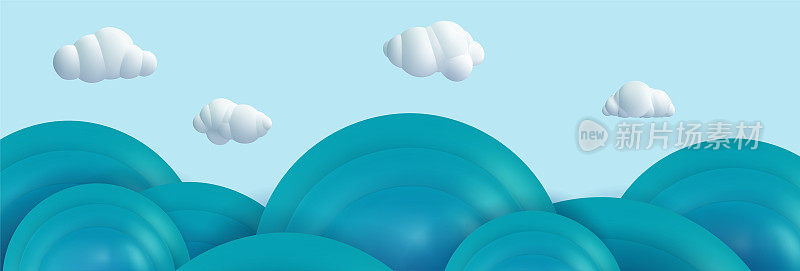 3d逼真的卡通蓝色海浪与白云在天的背景。海、洋或河面。最小的自然可爱的构图。矢量艺术插图。