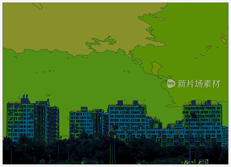 线条绘制霓虹灯超时空卡通场景，城市建筑