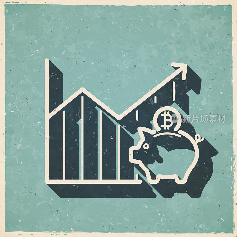 比特币储蓄增加的图表。图标复古复古风格-旧纹理纸