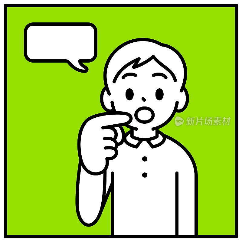 一个男孩用食指指着自己的嘴或牙齿，看着观看者，极简风格，黑白轮廓