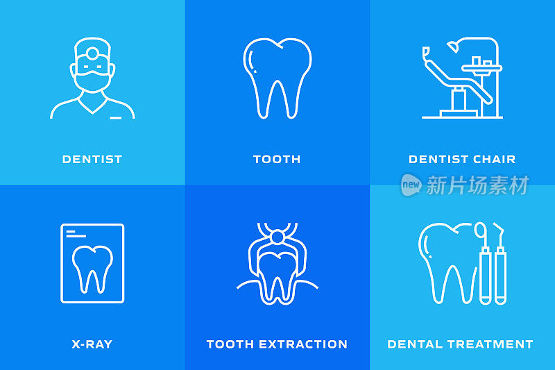 牙科相关的矢量细线图标。轮廓符号集合