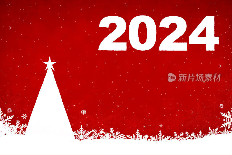 闪闪发光的圣诞水平红色背景，新年快乐三维或3D文本2024和白色抽象三角形作为圣诞树，顶部有一颗星星，雪花和闪亮的点在明亮明亮的栗色矢量背景