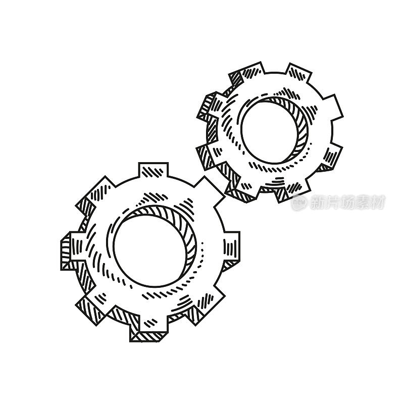 齿轮手绘草图图标，矢量插图