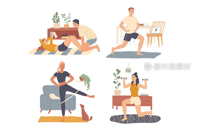 在家进行体育锻炼。人们在室内锻炼。男、女进行体育活动，健身健身。