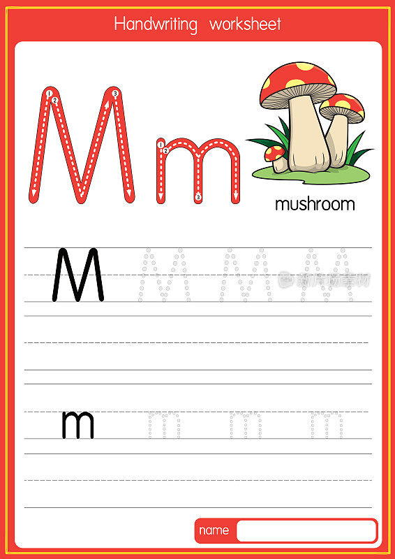 向量蘑菇插图与字母M大写字母或大写字母的儿童学习练习ABC