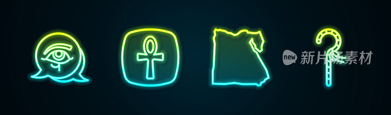 设置线荷鲁斯之眼，十字十字章，埃及地图和克鲁克。发光的霓虹灯图标。向量