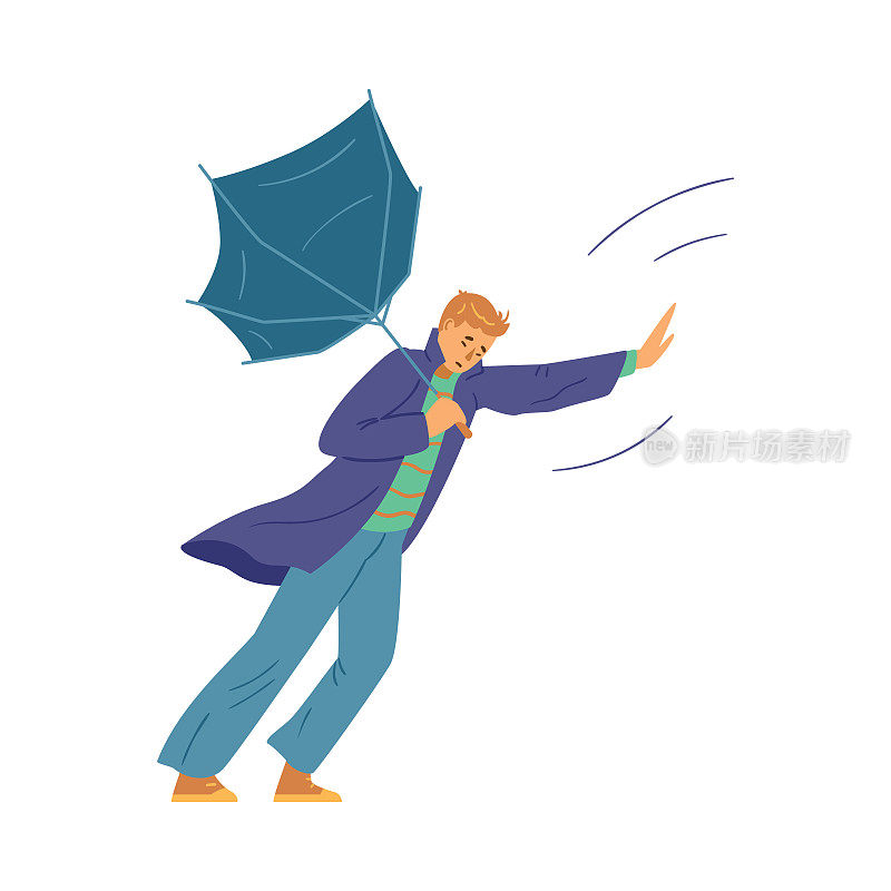 男人走雨伞翻出来在风暴期间，平坦的矢量插图孤立在白色背景。