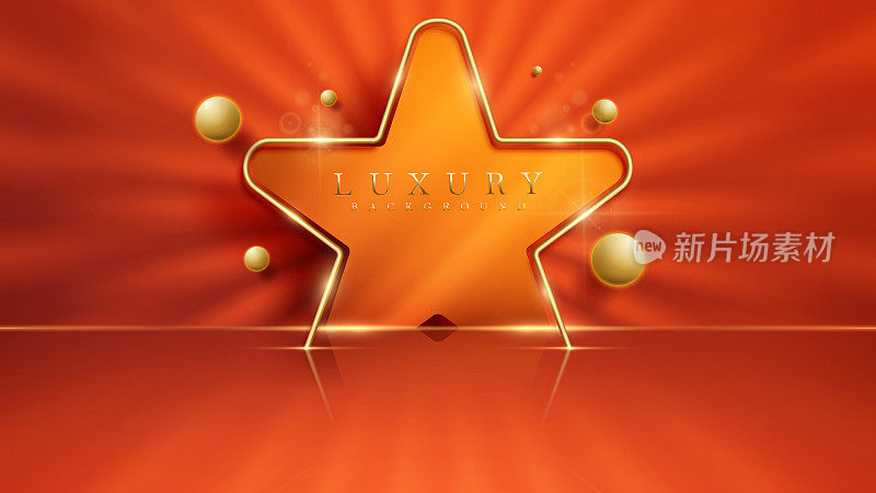 用于产品展示和金星框架装饰的舞台，带有散景和3d球元素的闪光灯光效果。橙色奢华风格的背景。