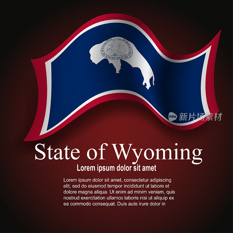 怀俄明州的旗帜(美国)飞行在黑暗的背景与文字