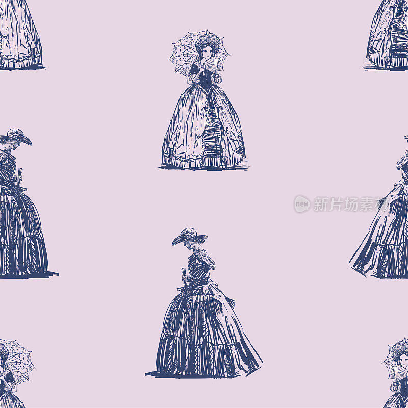 从19世纪穿着复古服装的女士们的草图中获得的无缝背景