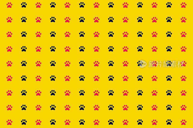 黄色背景上黑色和粉红色猫爪的彩色图案。无缝猫爪图案。狗、猫的脚印背景