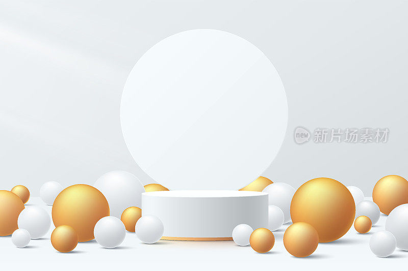 现实的金和白色3D圆柱底座与豪华球体或气泡平台。最小的墙体场景，产品展示，舞台推广展示。矢量抽象工作室工作室平台设计。