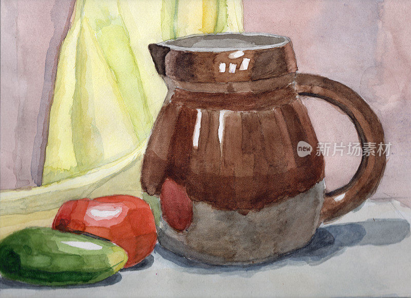 水彩静物釉面陶瓷罐，黄瓜和番茄在灰色的背景和浅米色窗帘