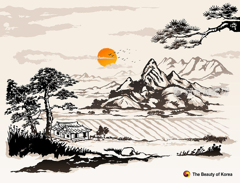 美丽的韩国，山峦，松树，韩屋，乡村自然景观，水墨，韩国传统绘画矢量插图。