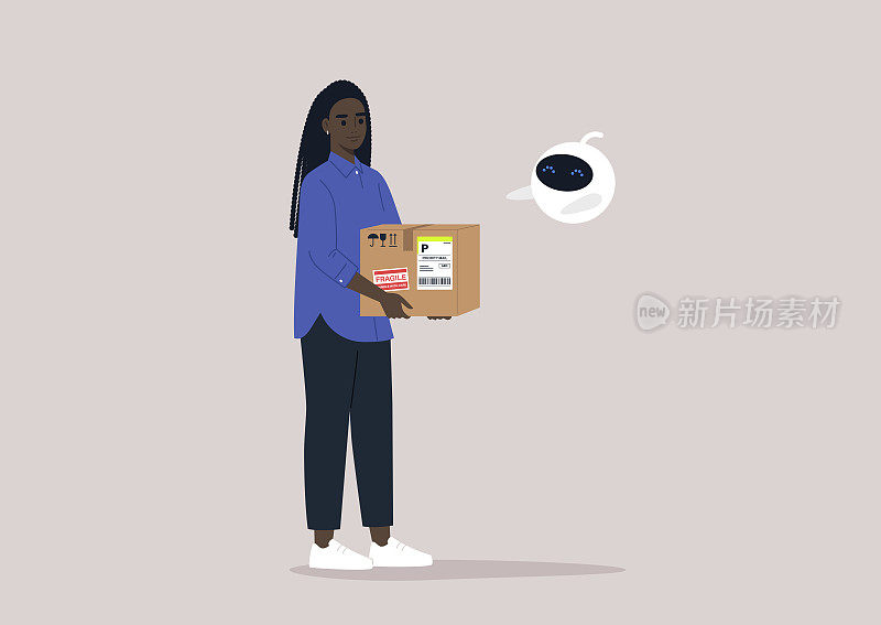 一个年轻的非洲女性角色给一个在空中盘旋的可爱的圆形机器人送包裹，这是一个未来派的快递服务