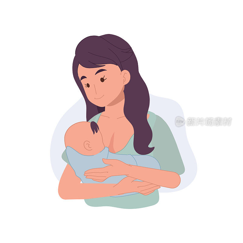 母乳喂养理念。妈妈把婴儿抱在怀里，用母乳喂养。矢量图