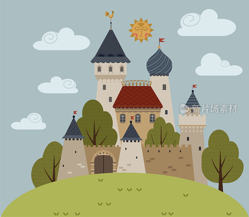 中世纪城堡的组成矢量插图。