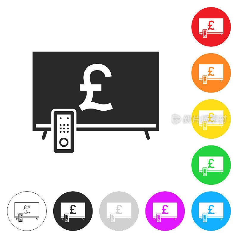 带磅符号的电视。彩色按钮上的图标