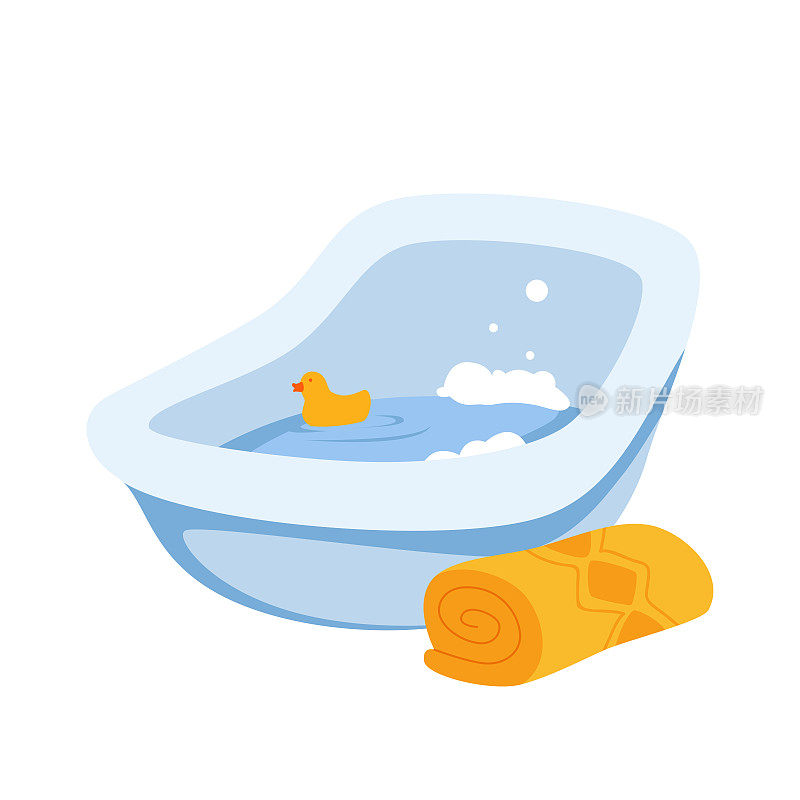 为新生儿洗澡的塑料蓝色浴缸，可爱的浮动橡胶鸭玩具在浴缸与水
