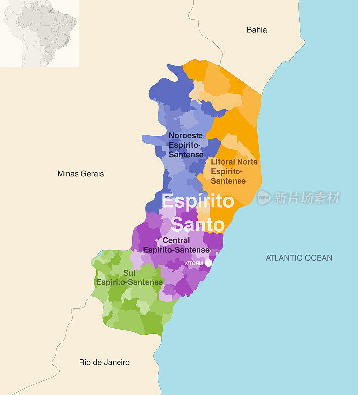 巴西圣埃斯皮里托州行政地图，按州区(中区)标出各市。