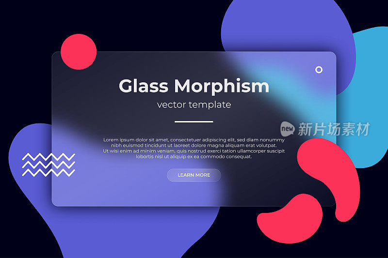 现代背景与玻璃形态矢量效果。Glassmorphism潮流风格。摘要网页横幅与多种颜色的形状。