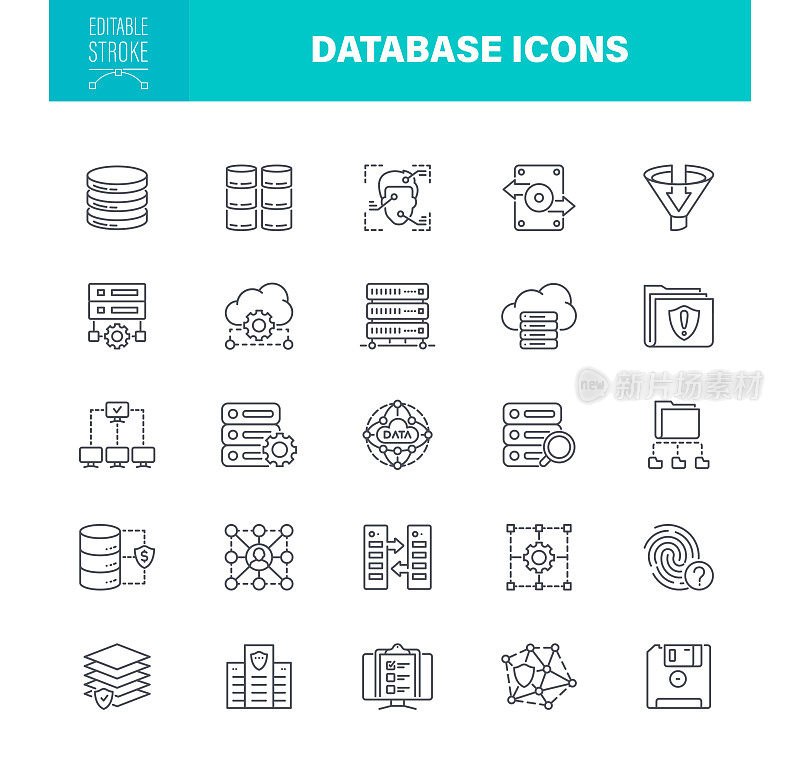 数据库图标可编辑笔画。包含大数据、网络服务器、云计算等图标