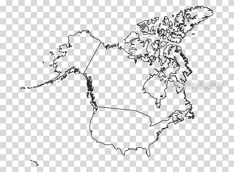 北美地图的轮廓在透明背景。