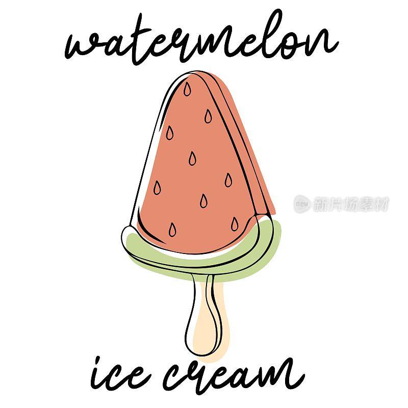 西瓜冰激凌。在白色背景上勾画出冷冻果汁或冰棒的轮廓
