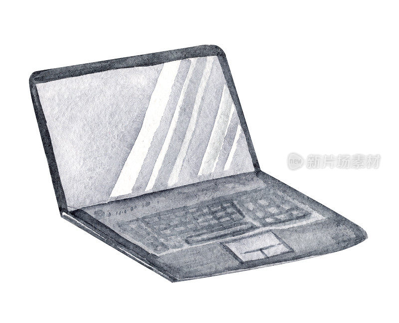 水彩黑色笔记本电脑孤立在白色