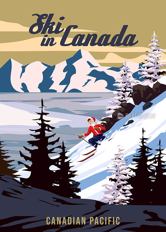 旅游海报滑雪在加拿大度假胜地复古。加拿大冬季风景旅游卡