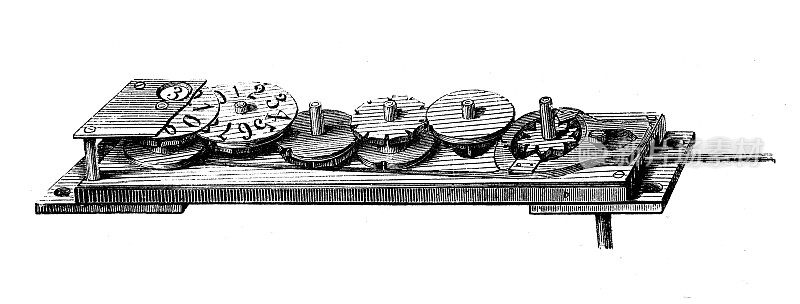 古董插图，应用力学:蒸汽动力机器，圆形柜台