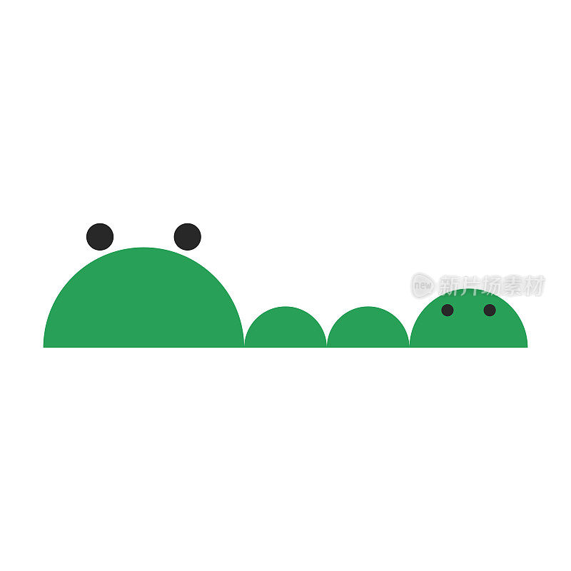 绿色鳄鱼头做成半圆形几何形状，简单的漫画卡哇伊动物插画，侧视图。