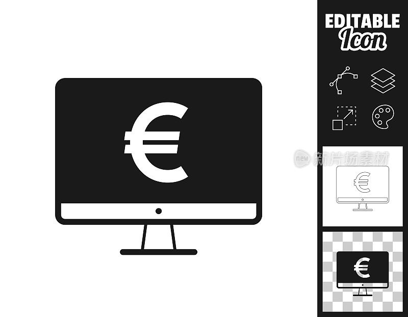 带有欧洲标志的台式电脑。图标设计。轻松地编辑
