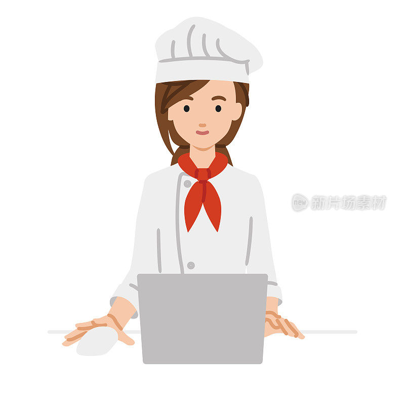 一位女厨师在她的桌子上使用笔记本电脑