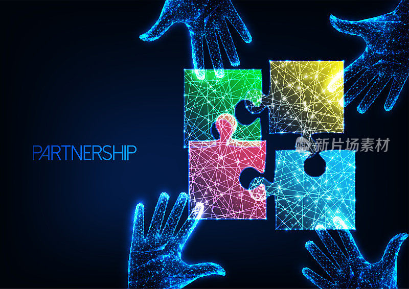 伙伴关系，团队合作的商业概念与彩色拼图碎片和人手深蓝色