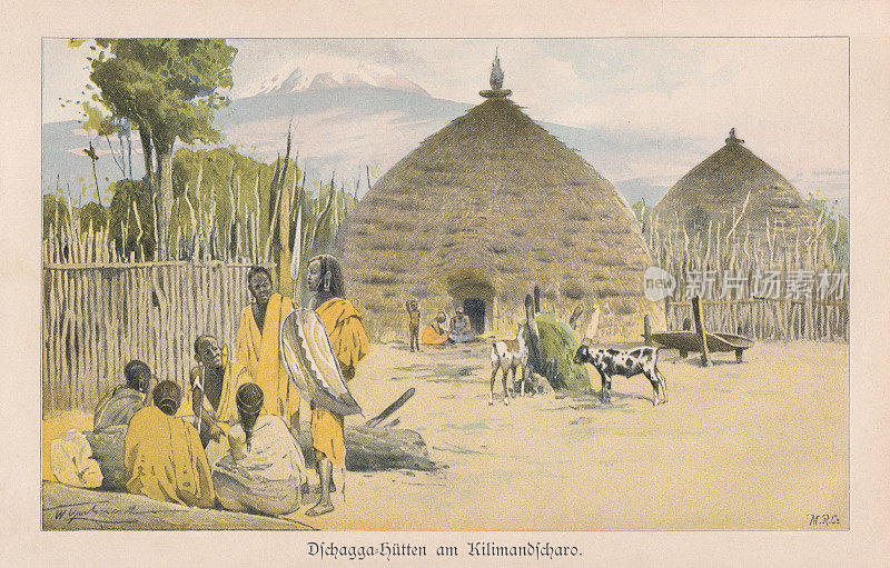 坦桑尼亚乞力马扎罗山的Chagga小屋，彩色半色调印刷，1899年