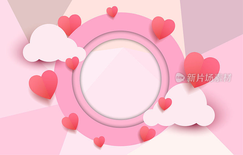剪纸元素形状的心和云与圆形框架上的问候粉红色和甜蜜的背景。爱情矢量符号为情人节快乐，贺卡设计。