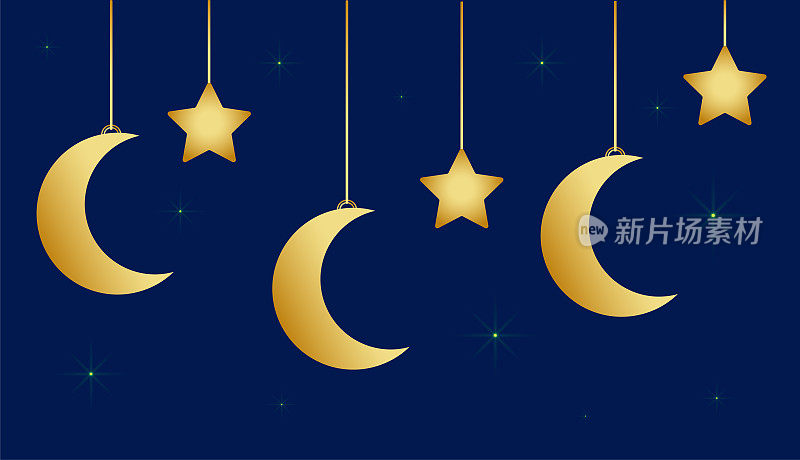 矢量背景为斋月假期。蓝色背景上金色的星星和月亮
