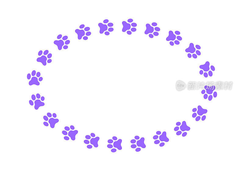 椭圆形框架与宠物爪脚印。可爱的模板狗或猫的照片，问候或邀请卡，图片，横幅孤立的白色背景