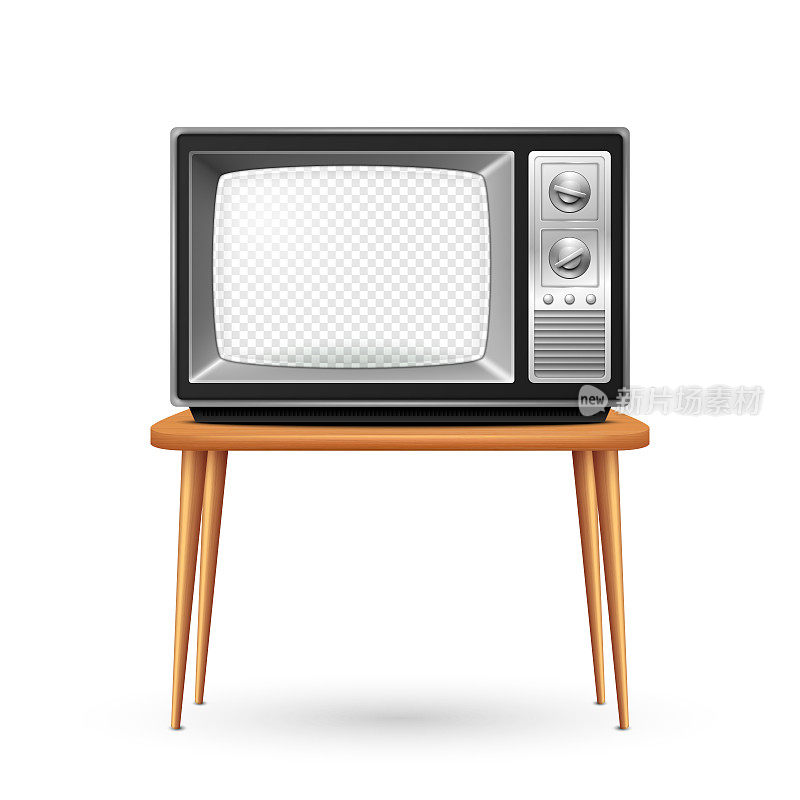 矢量3d逼真的复古电视接收器在木制桌子上站立特写隔离在白色。透明屏幕老式电视机。电视，正面视图