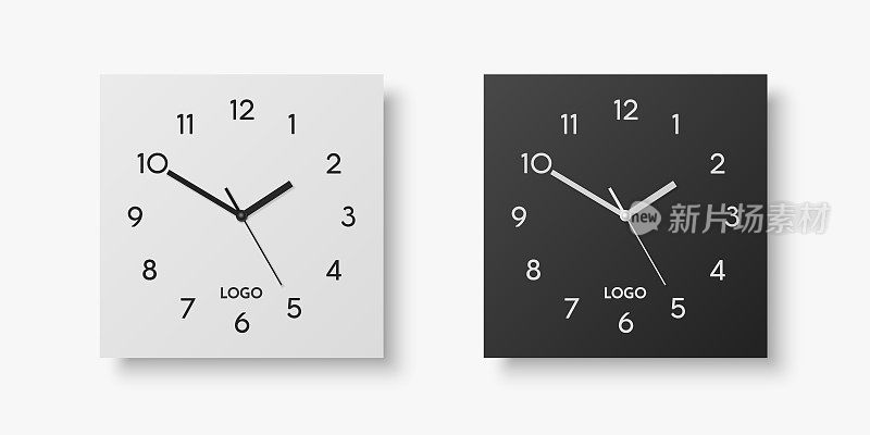 矢量三维现实的白色，黑色方墙办公室时钟集，设计模板隔离在白色。罗马数字表盘。模型挂钟的品牌和广告隔离。钟面设计