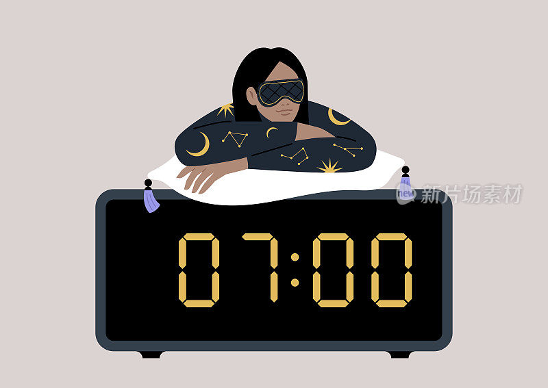 一个年轻的白人女性角色，穿着睡衣，戴着面具，斜靠在一个巨大的数字闹钟上