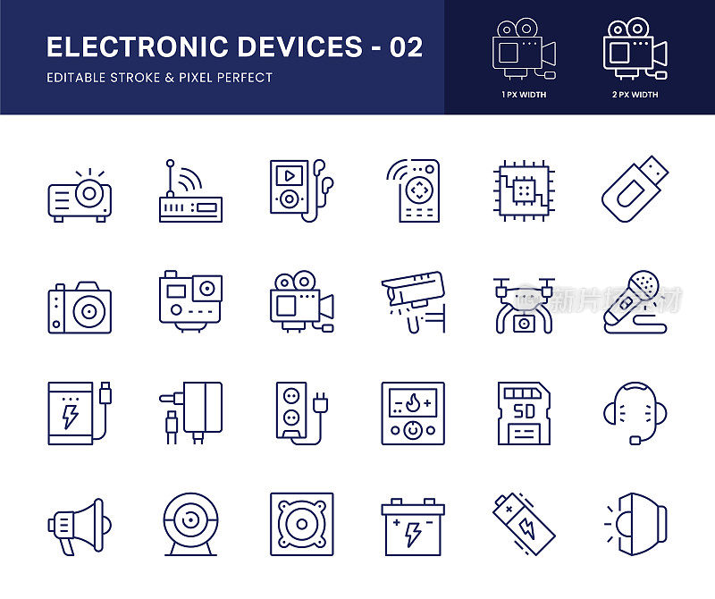 电子设备线路图标。这个图标集包括投影仪，MP3播放器，遥控器，相机，无人机等。