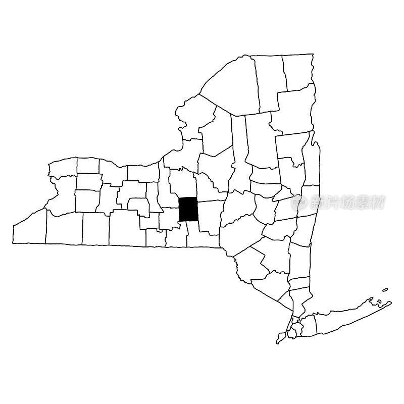 白色背景的纽约州科特兰县地图。纽约地图上的单个县用黑色突出显示。