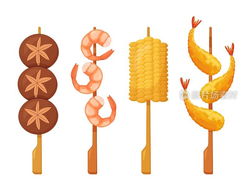 烤鸡肉串串。日本街头小吃。玉米，虾，天妇罗。矢量插图隔离在白色背景上。