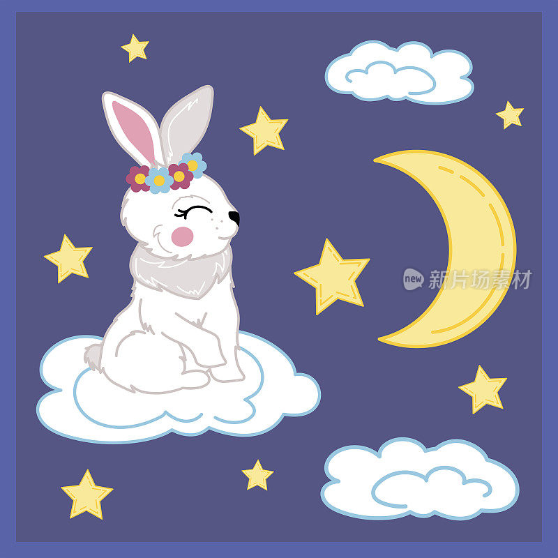 白云上的白兔映衬着一个月的蓝天。