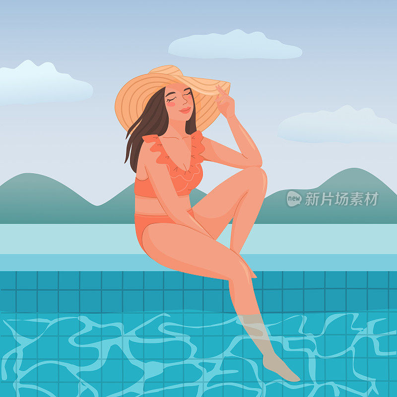 戴着帽子的年轻漂亮女子正坐在游泳池里。穿着泳装的女孩在夏日的阳光下做日光浴。假期的矢量插图。