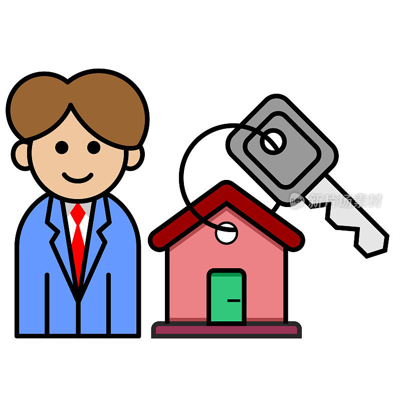 男人，房子和钥匙图标。彩色线条艺术卡通风格，透明背景上的可编辑矢量文件。